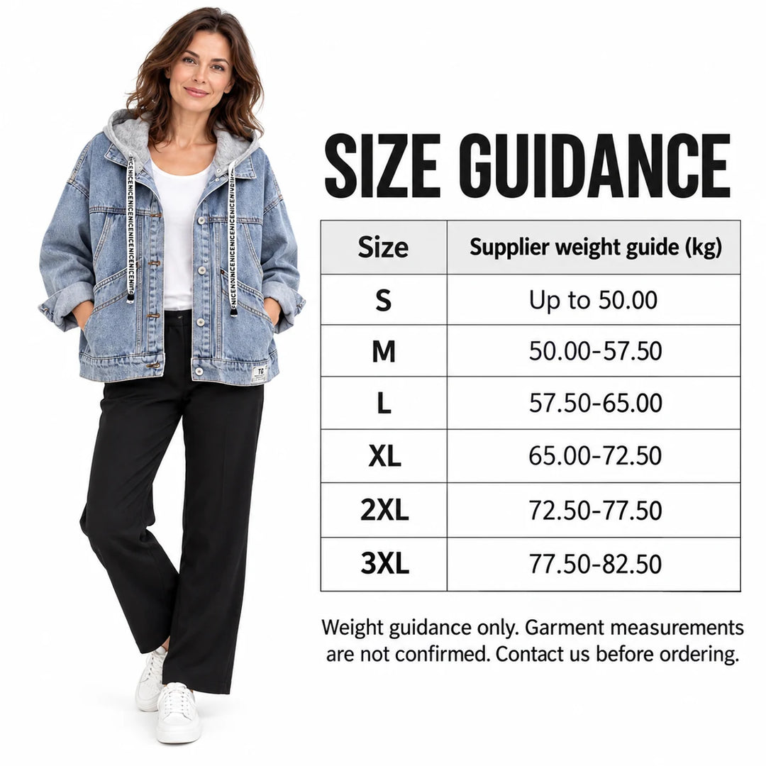 Size guidance in kg for S-3XL with an adult model; body weight ranges are listed, while garment measurements are unconfirmed.
