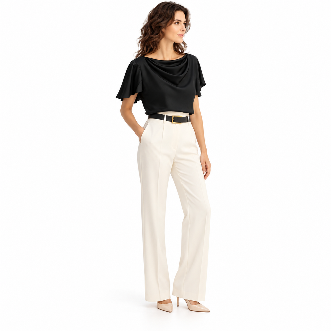 Three-quarter view of black blouse with draped neckline, worn with ivory trousers by a full-length model on a white backdrop.