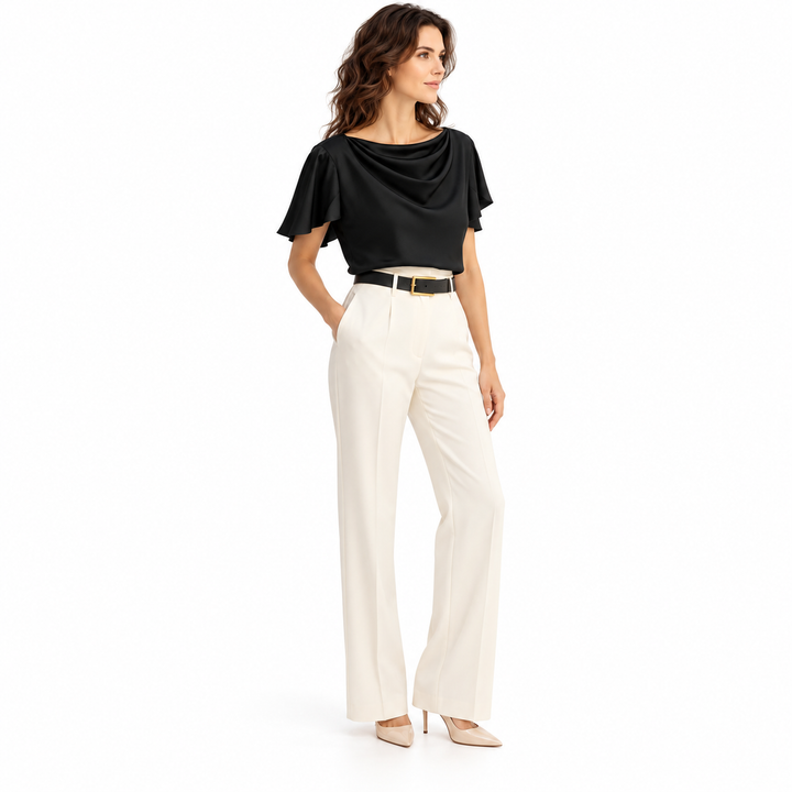 Three-quarter view of black blouse with draped neckline, worn with ivory trousers by a full-length model on a white backdrop.