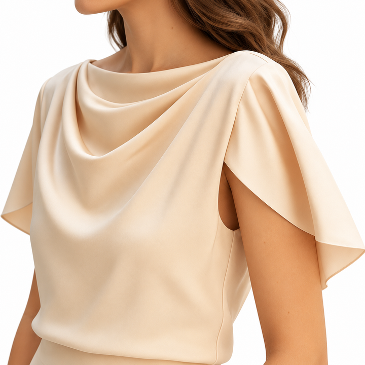 Close view of the apricot blouse showing the overlapping sleeve edge, neckline drape and side seam against a white background