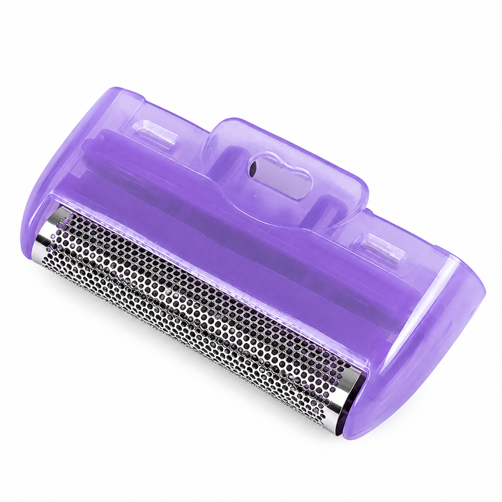 Purple replacement foil shaving head with silver mesh, close-up