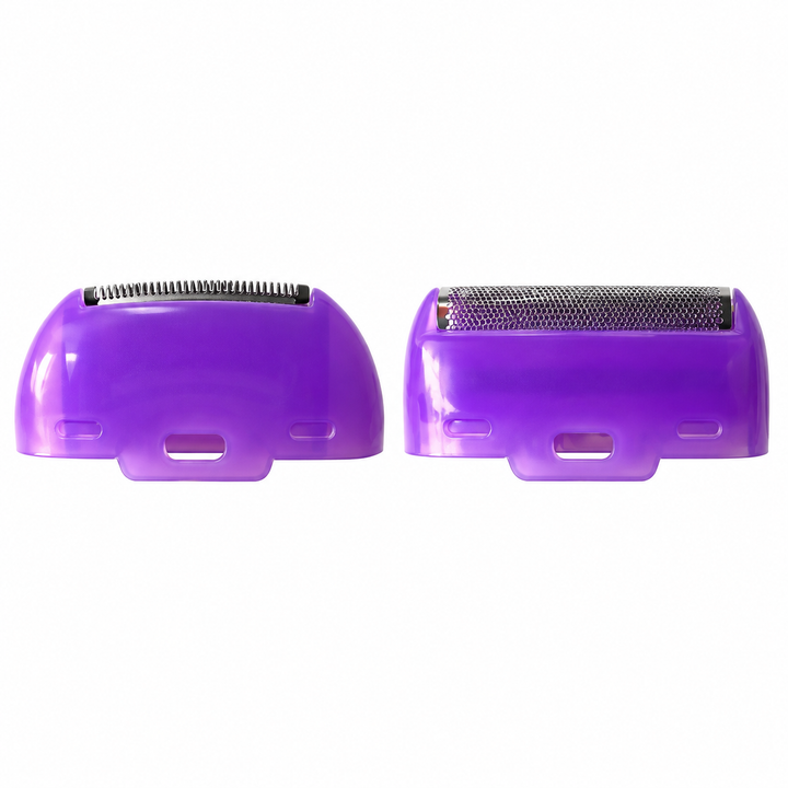 Two purple replacement shaving heads with silver cutting surfaces on white
