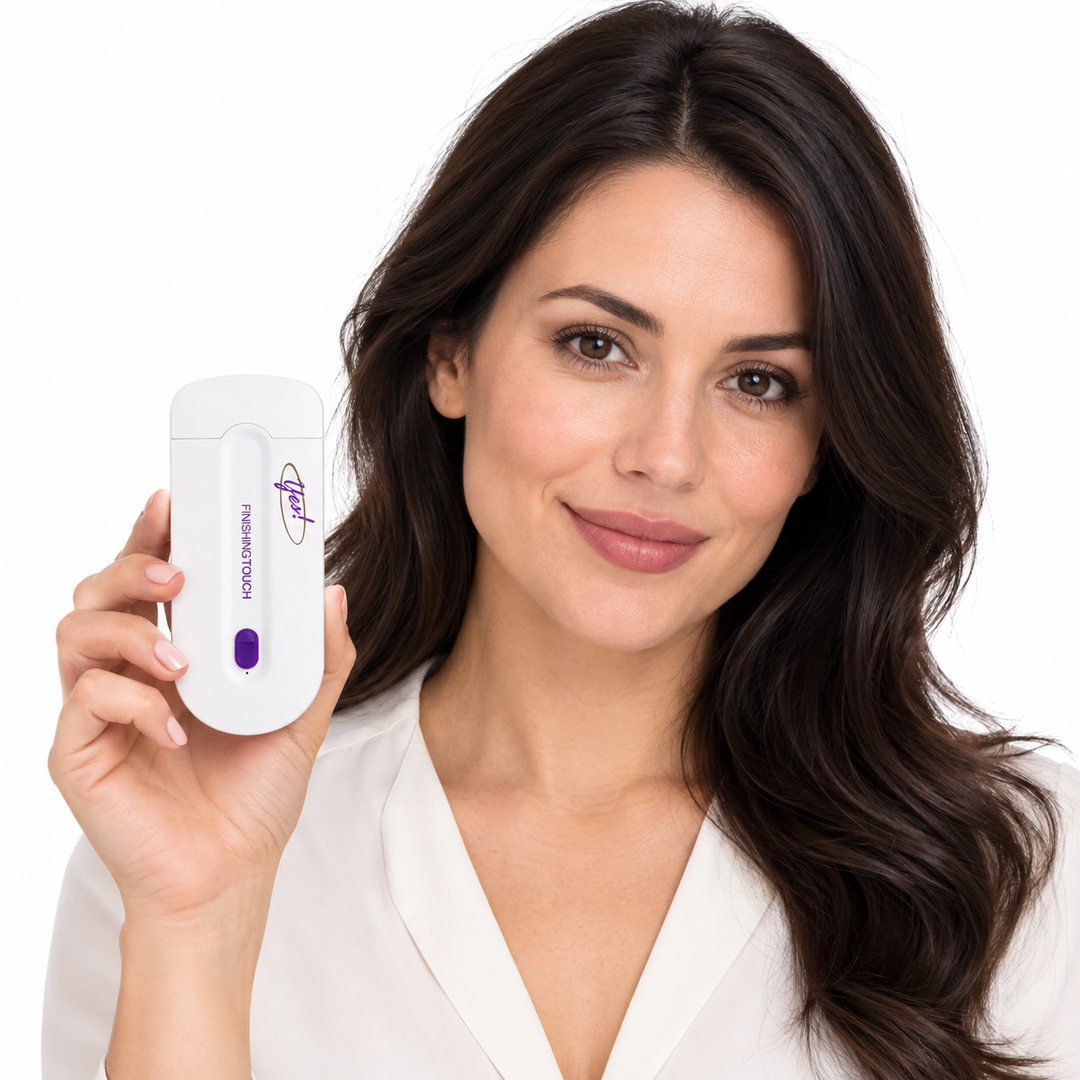 Dark haired woman holding a white and purple capped grooming device