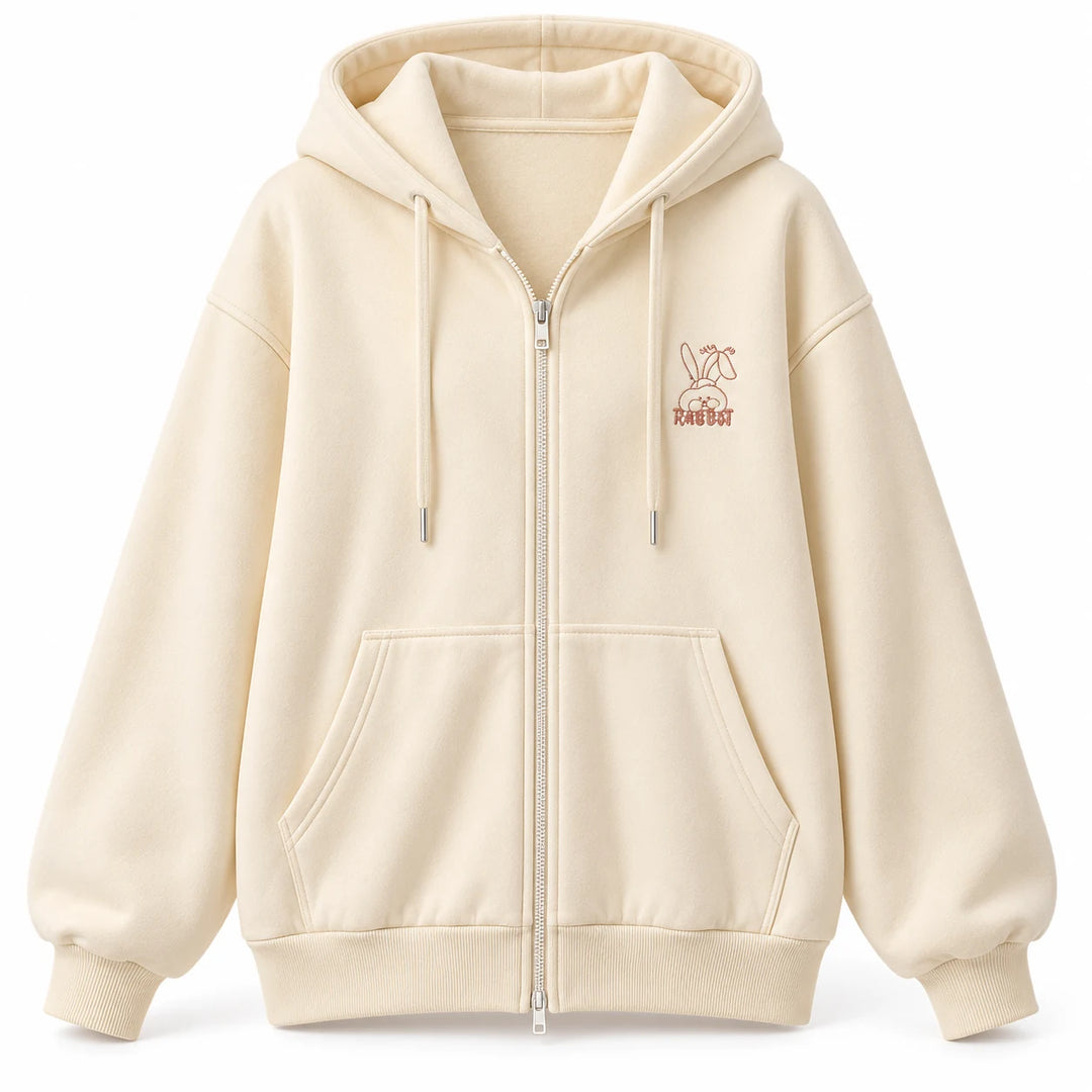 Apricot Yellow rabbit zip hoodie shown from the front, showing the hood, zipper and front pockets, in a white studio setting.
