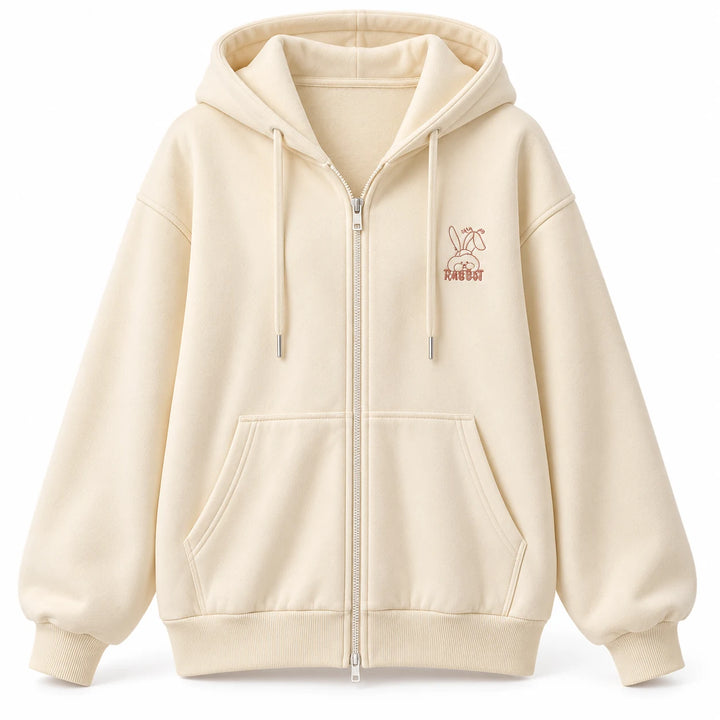 Apricot Yellow rabbit zip hoodie shown from the front, showing the hood, zipper and front pockets, in a white studio setting.
