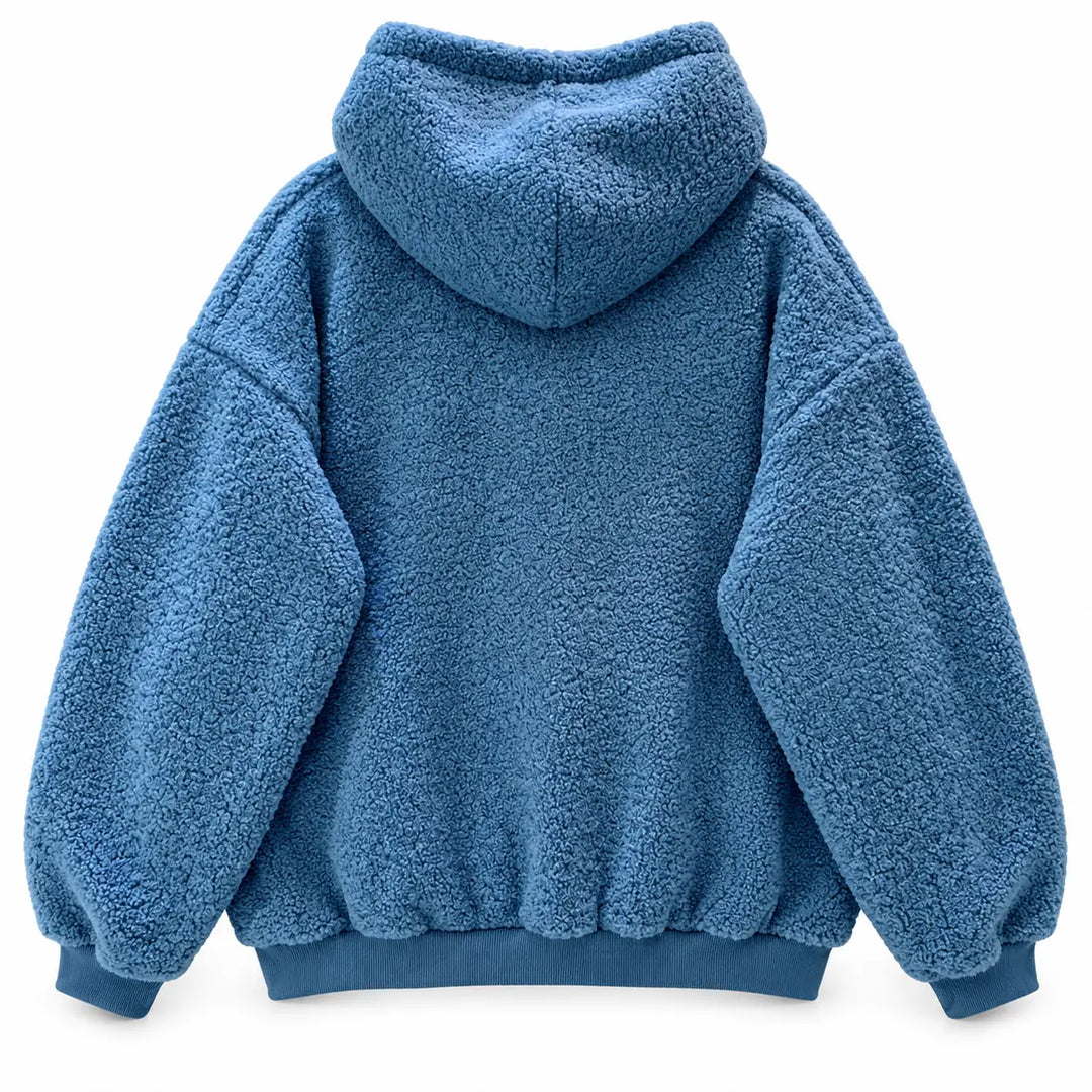 Blue fleece pullover shown in a rear product view, showing the plain back, hood and ribbed hem, on a white studio background.