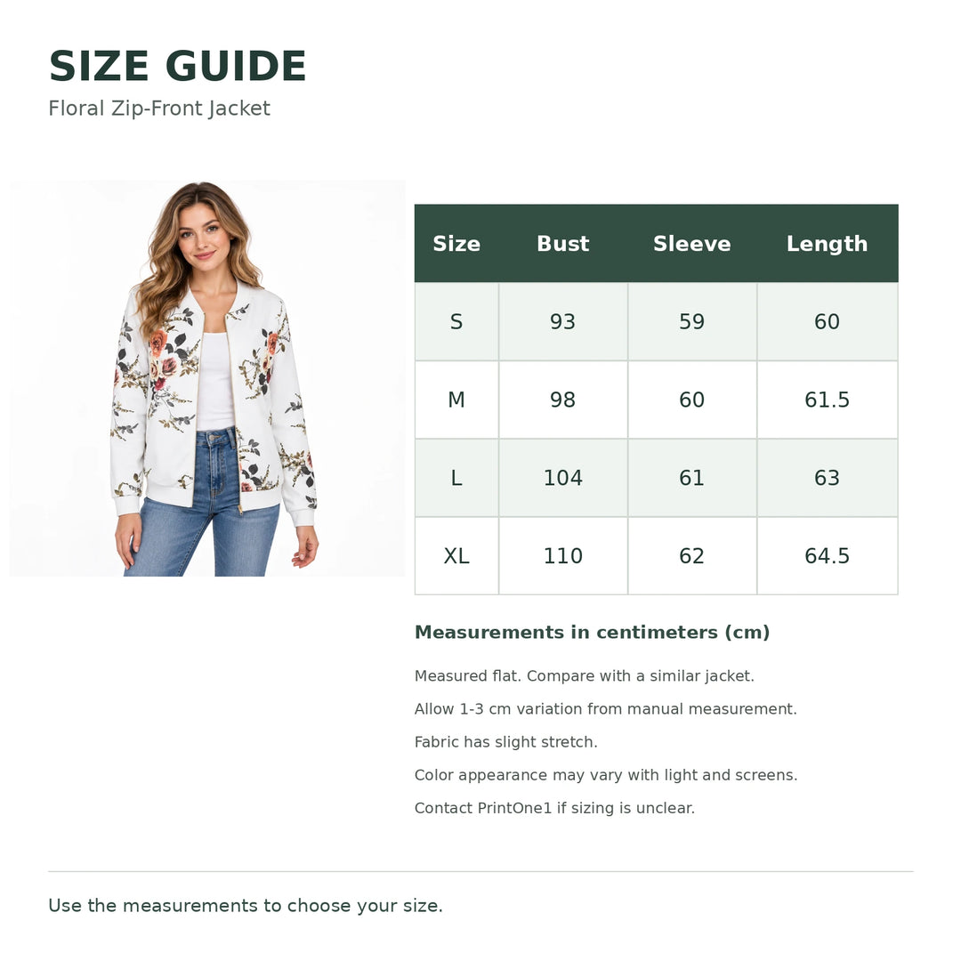Size guide with a model wearing the jacket and S-XL bust, sleeve and length measurements in cm, with a 1-3 cm variation note.