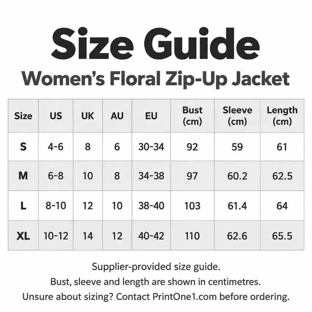 English size guide for a printed zip-up jacket in S to XL, with supplier regional sizes, bust, sleeve and length shown in cm.