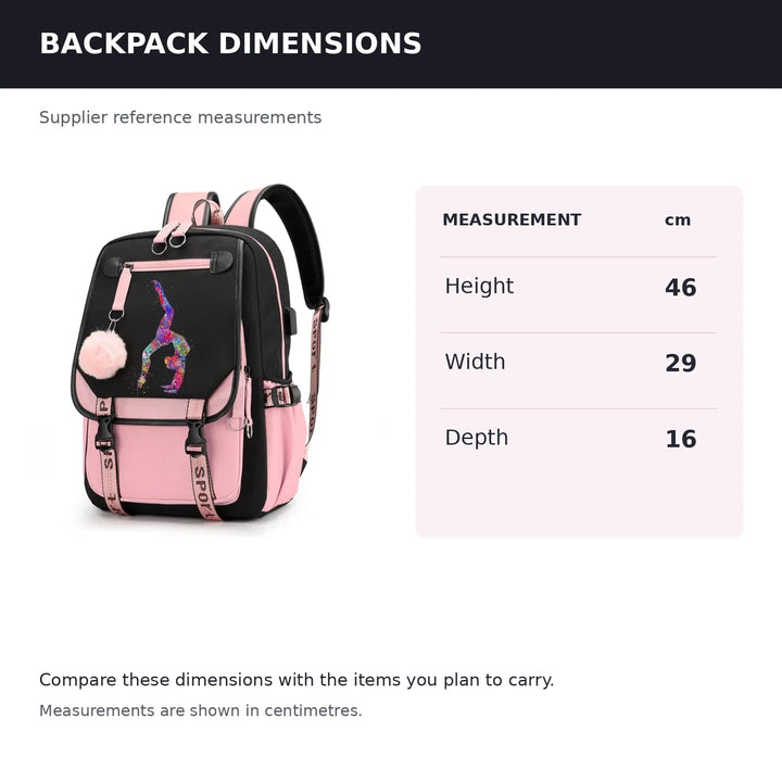 Pink and black backpack beside an English table listing height 46 cm, width 29 cm and depth 16 cm, shown with printed design.