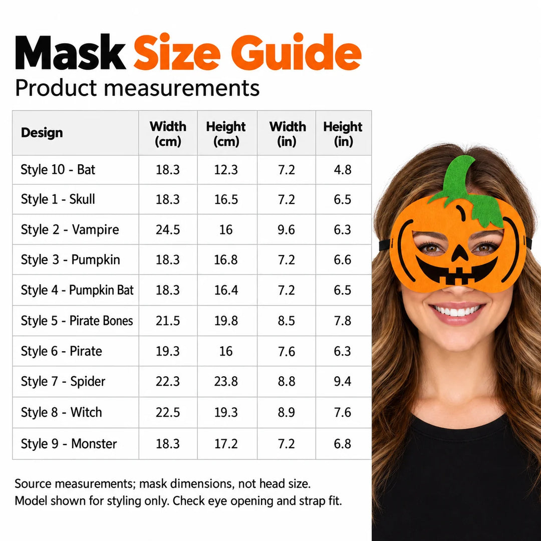 Halloween eye mask size guide with a pumpkin mask model and widths and heights for ten designs in original cm and inch values