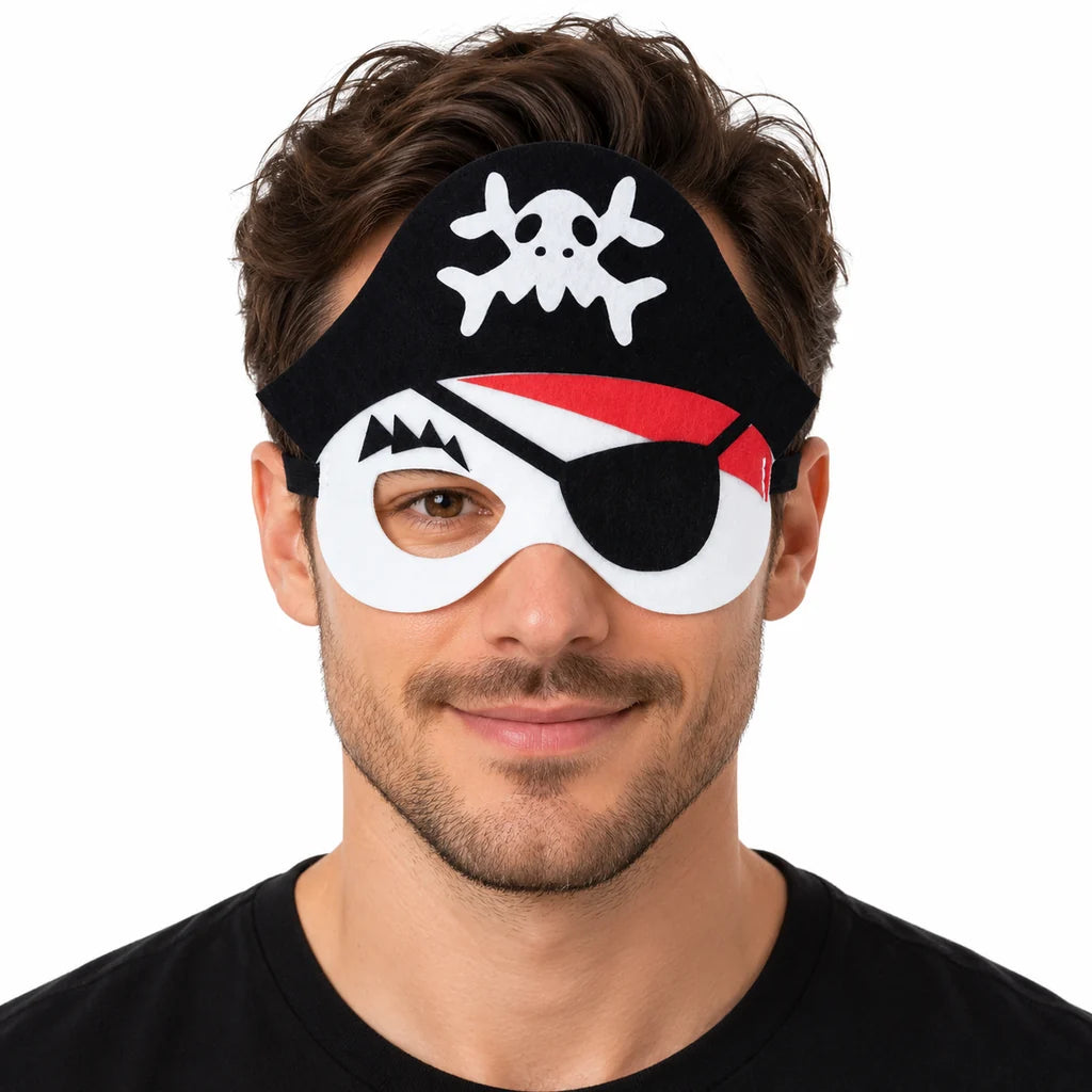 Adult male model wearing a pirate felt eye mask with captain hat, red bandana and black eye patch against a white background.
