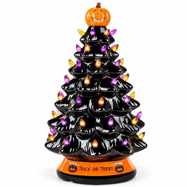 Lighted Halloween tree with an orange pumpkin topper, black tiers, purple and amber details and TRICK OR TREAT base on white.