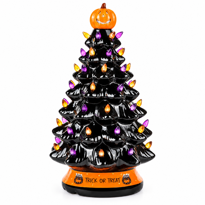 Whole front view of the black Halloween tree with orange pumpkin topper, purple and amber details and a lettered orange base.