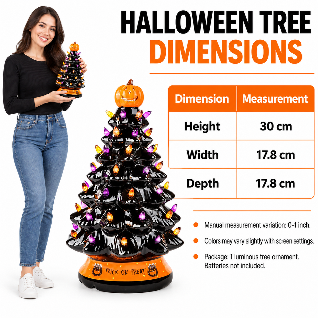 English Halloween tree dimension chart with height 30 cm, width 17.8 cm, depth 17.8 cm, product image and adult studio model.