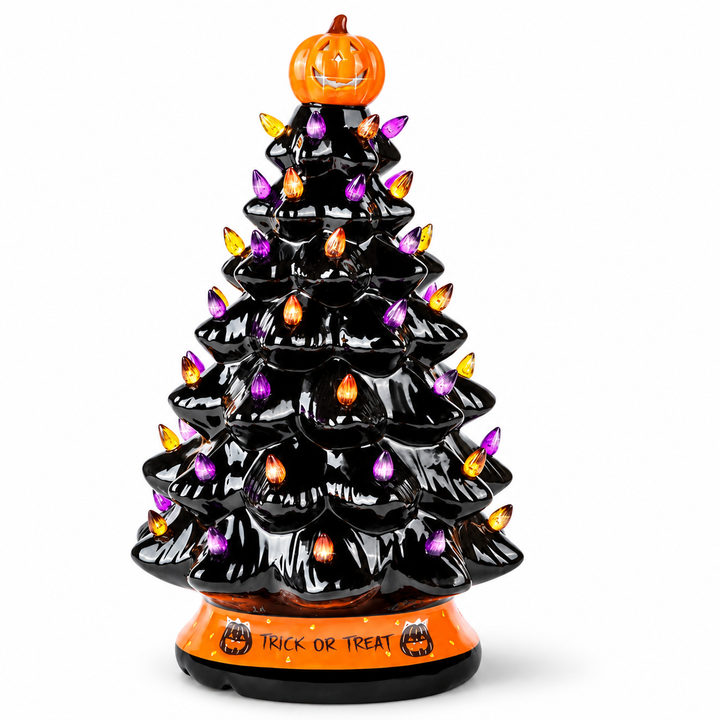 Black Halloween tree with orange pumpkin topper, purple and amber details and TRICK OR TREAT base in an alternate white view.