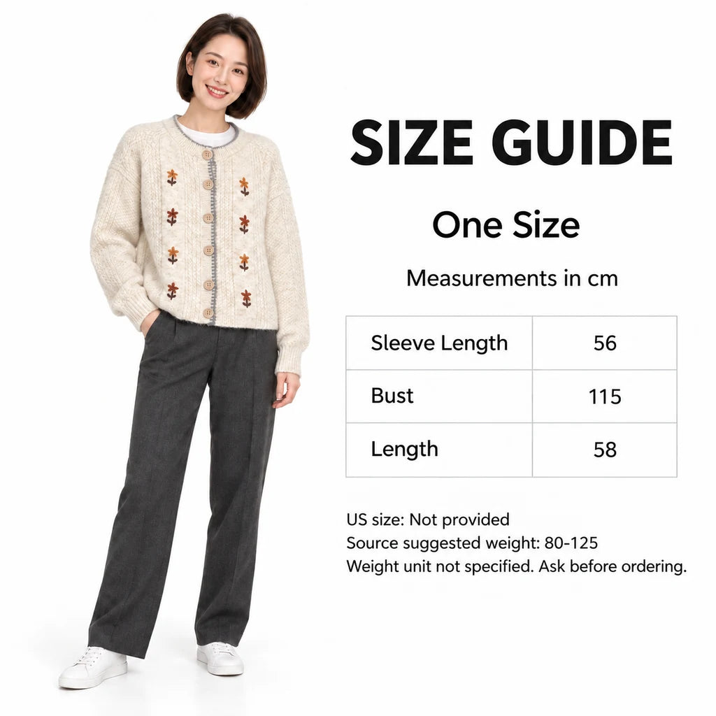 Ivory floral cardigan size guide with a full-length model: One Size, sleeve 56 cm, bust 115 cm and length 58 cm, with a note.