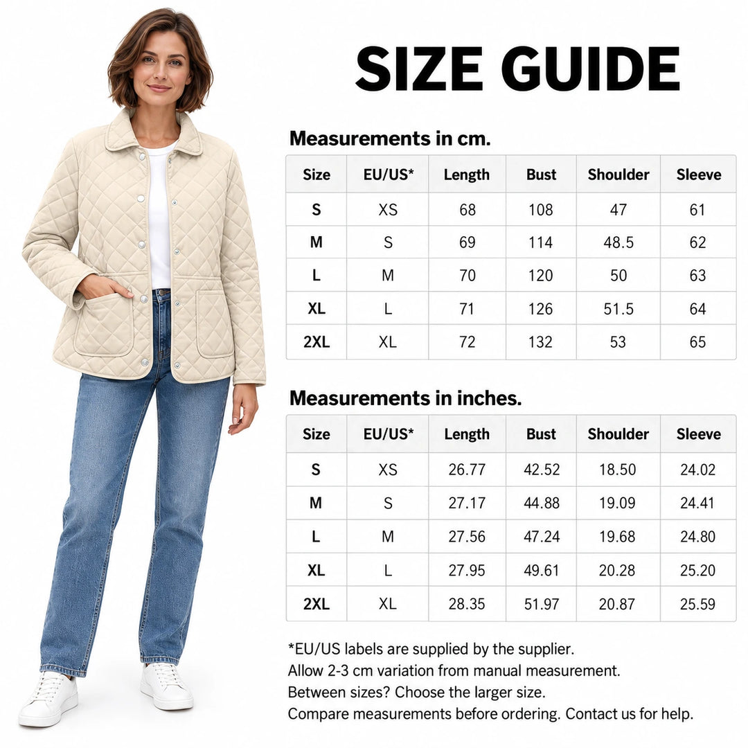 Jacket size guide with an Apricot jacket model and supplier tables for S to 2XL in both cm and inches including EU/US labels.