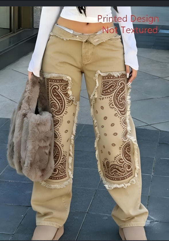 Original Khaki jeans reference with brown paisley front panels and a printed-design notice, shown on a cropped model outdoors