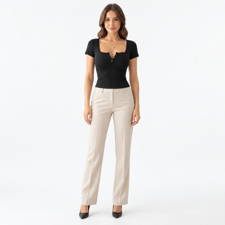 Plus size lace top in black, full-length front catalog view