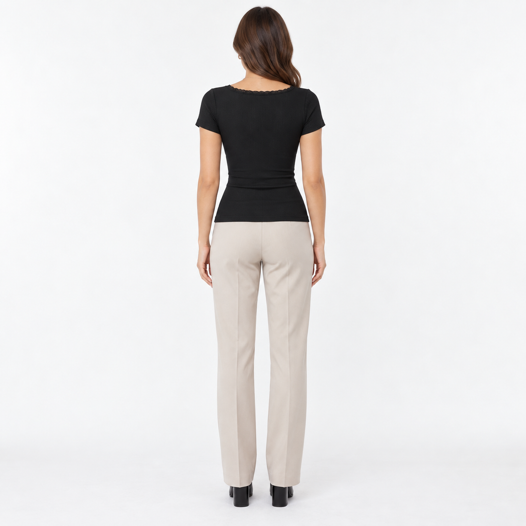 Black ribbed lace-trim short-sleeve top, full-length back view