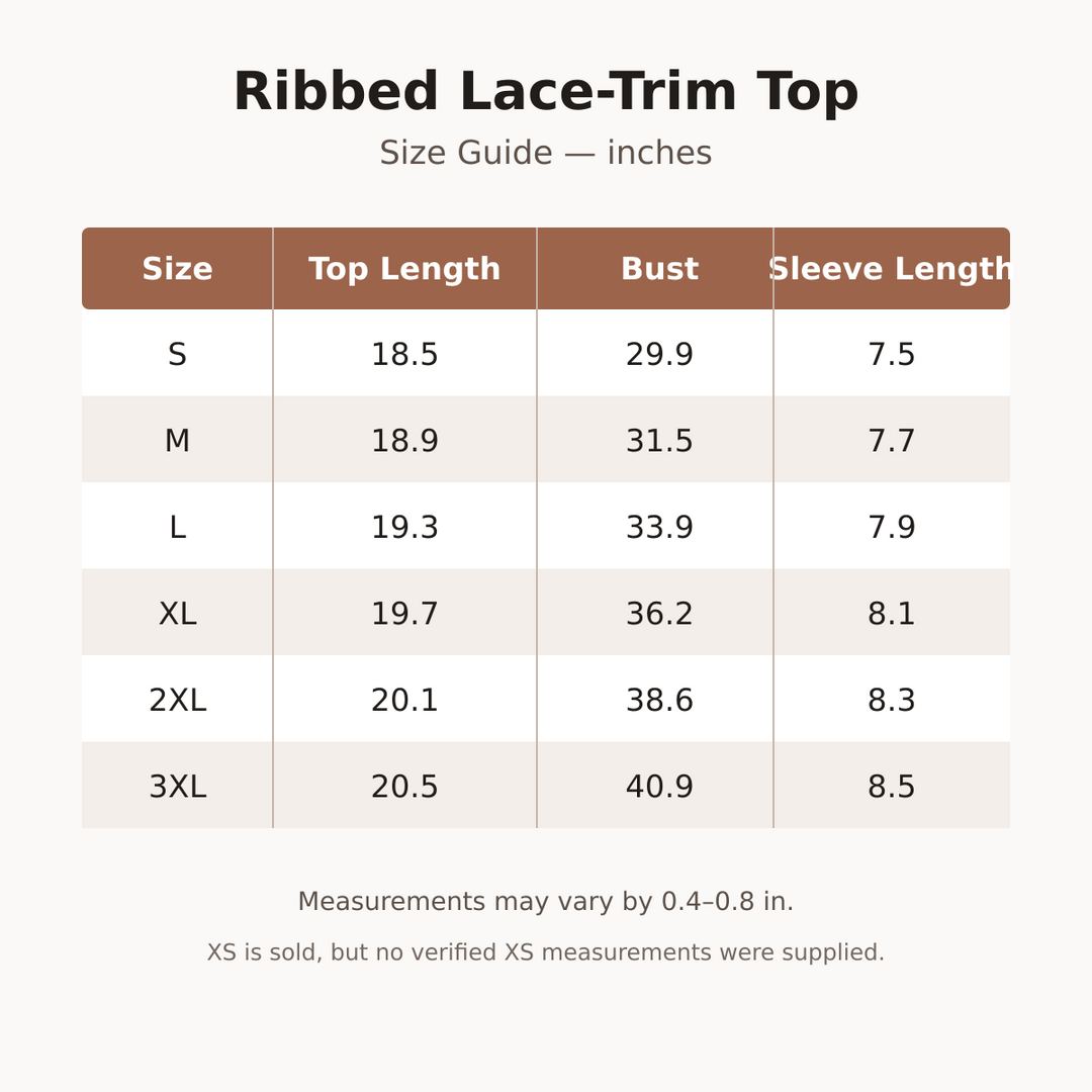 Ribbed lace-trim top size chart in inches for S through 3XL