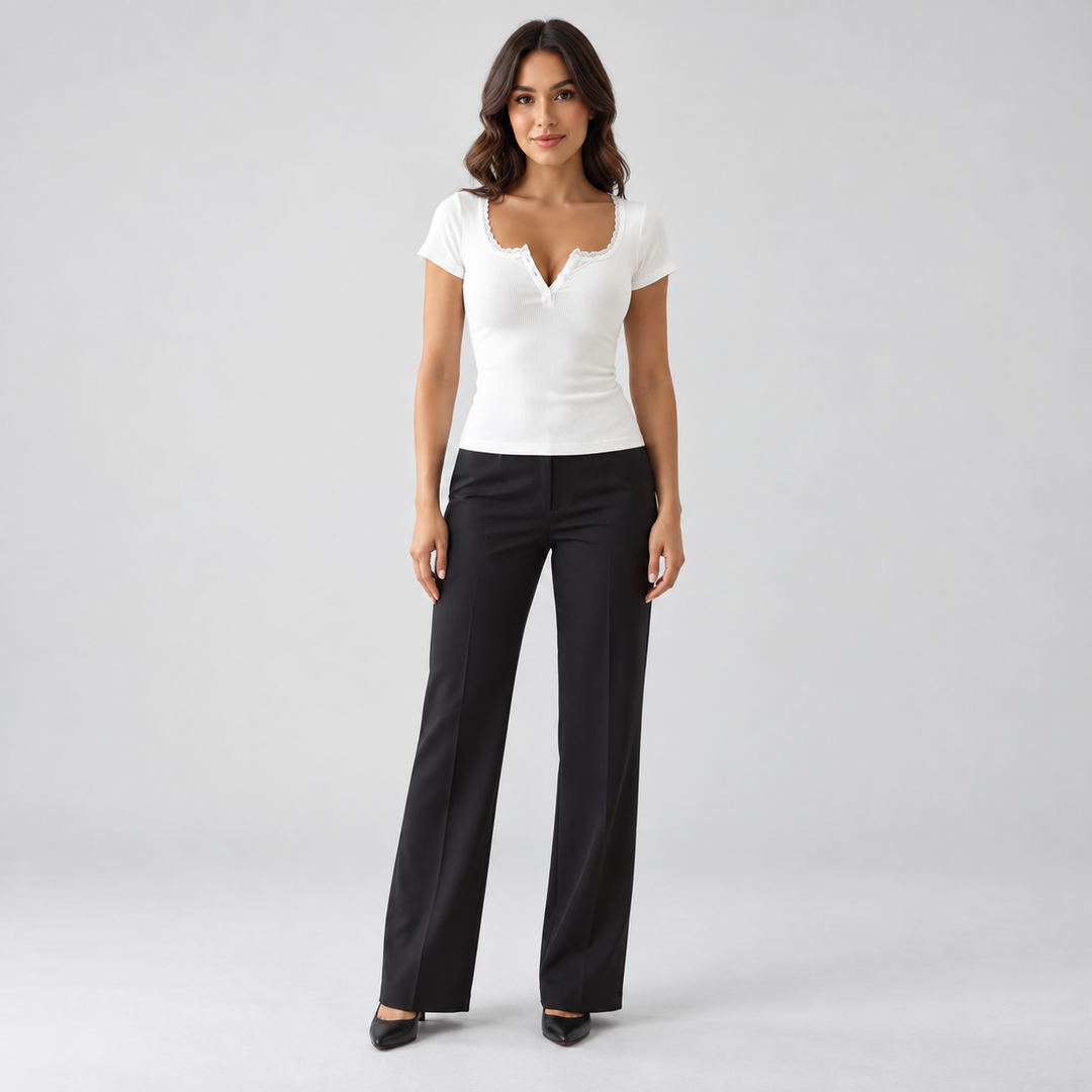 White ribbed lace-trim button top on full-length model