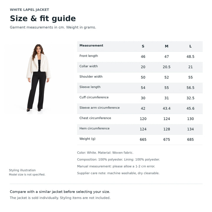 White lapel jacket size chart with model, showing S, M and L garment measurements in centimetres, weights in grams and notes.