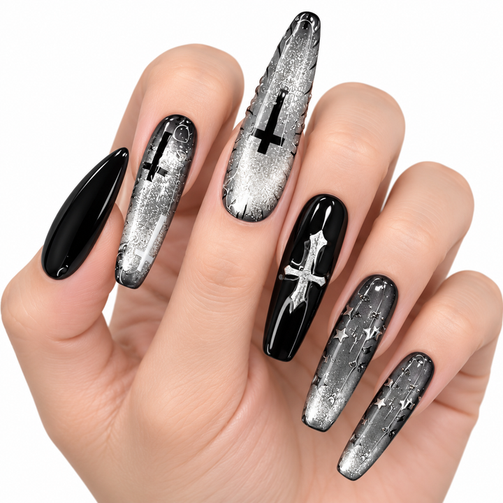 Long press on nails black and silver cross design on hand