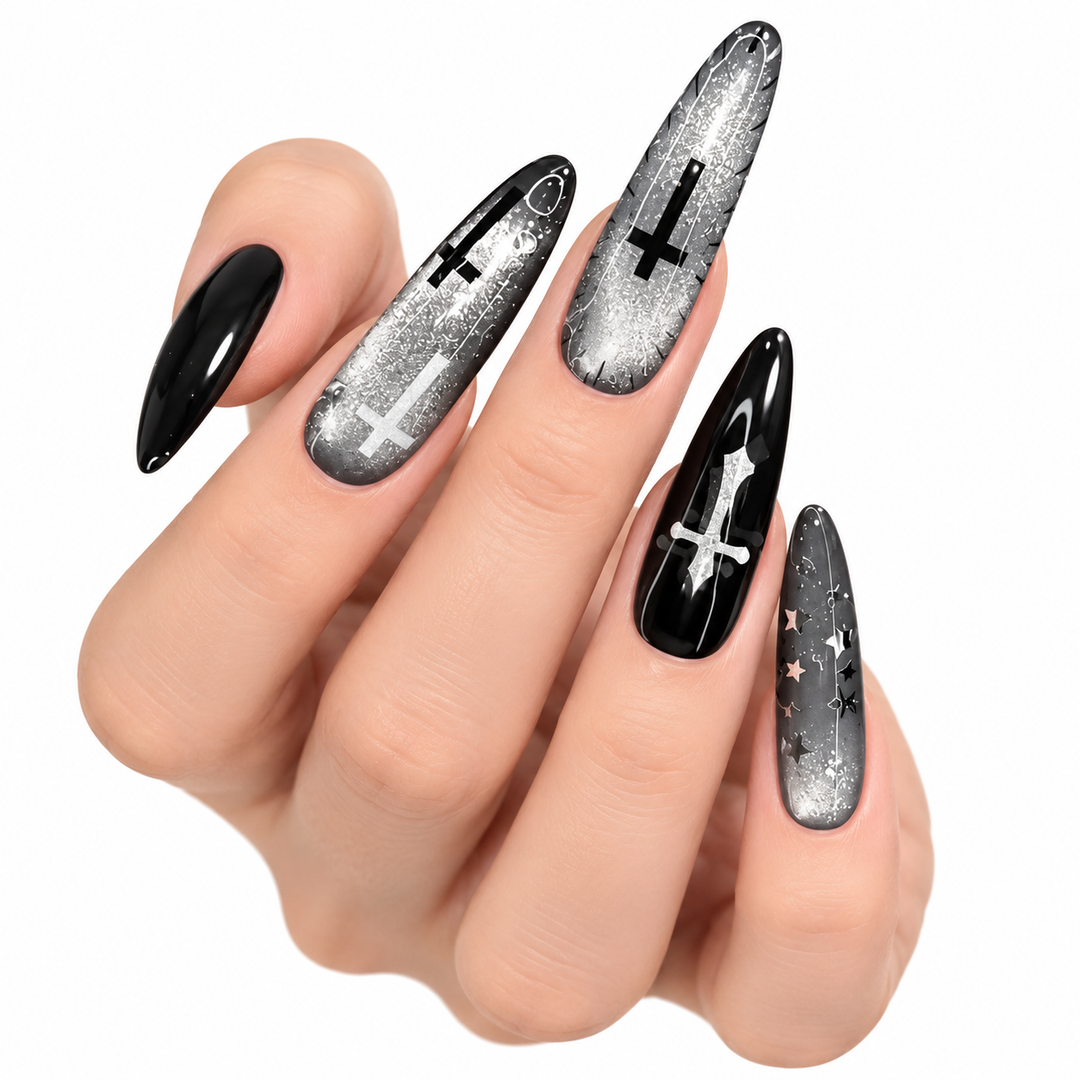 Long press on nails cross design detail