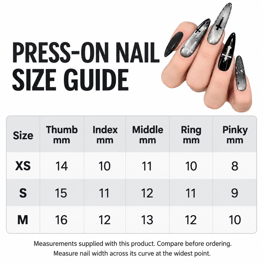 Long press on nails XS S M nail width size guide