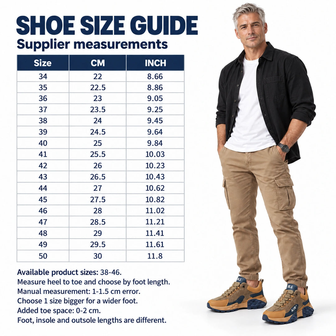 Supplier size chart with CM and INCH values for sizes 34-50, available sizes 38-46, and a male model in Brown and Navy shoes.