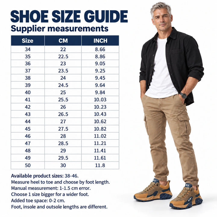 Supplier size chart with CM and INCH values for sizes 34-50, available sizes 38-46, and a male model in Brown and Navy shoes.