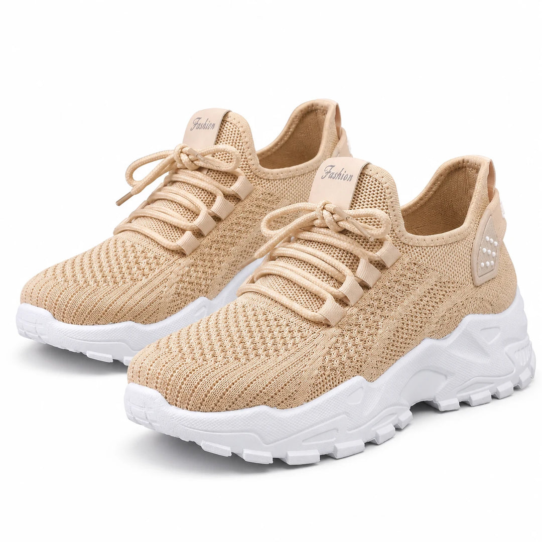 Khaki knit-textured lace-up sneakers, alternate front view on a white studio background