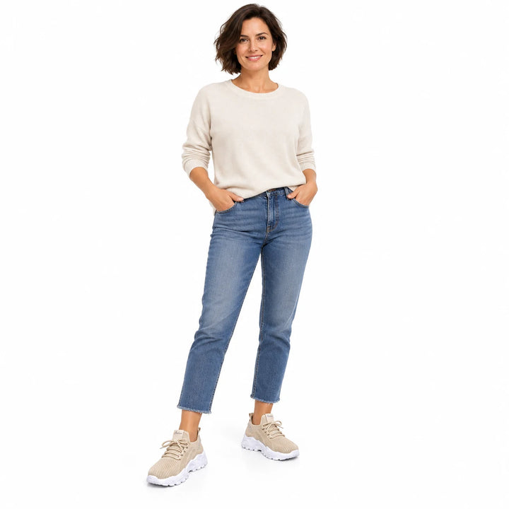 Khaki knit-textured lace-up sneakers worn by an adult model, second-model full-length view on a white background