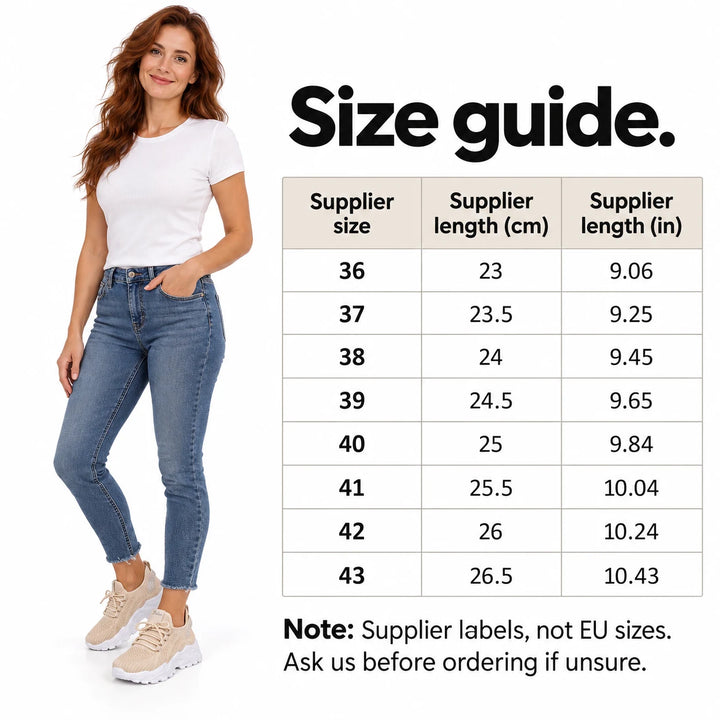 English supplier size chart beside a full-length adult model wearing the khaki knit-textured lace-up sneakers