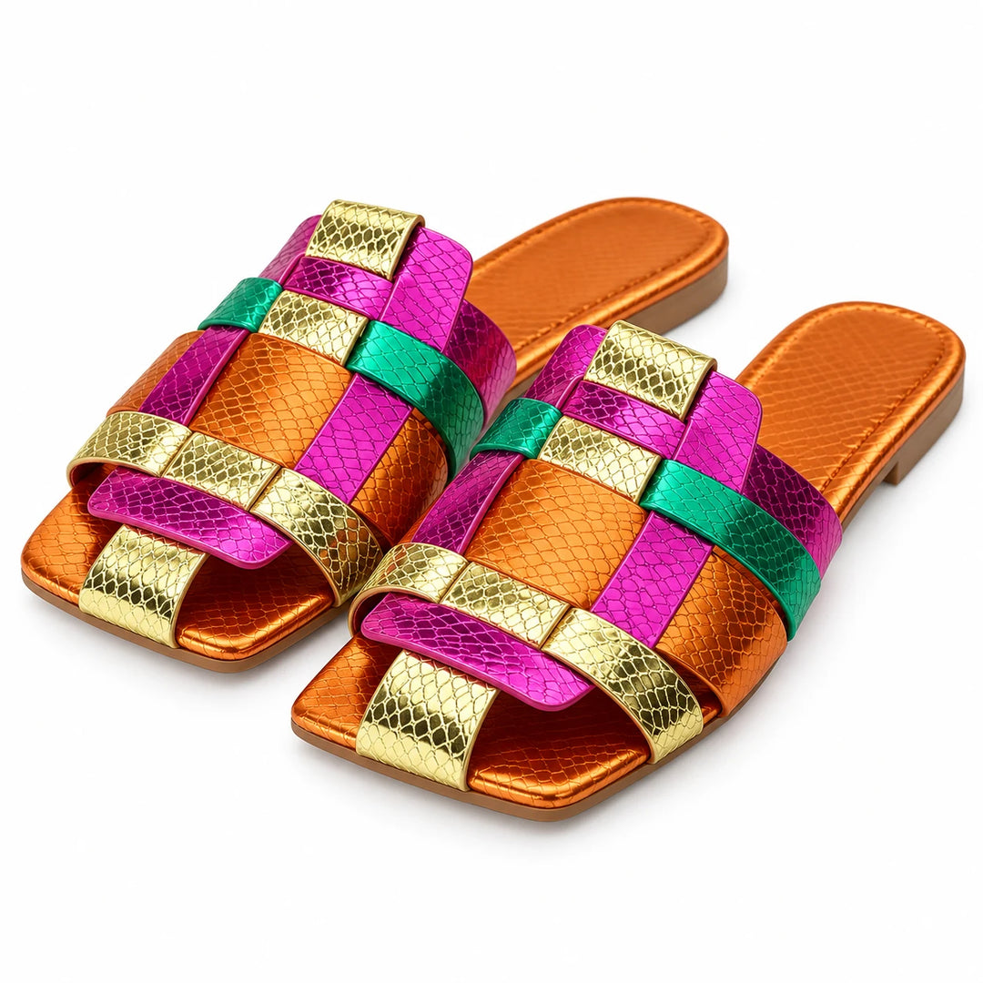 Square toe sandals in Multicolor, shown from the front on a white background