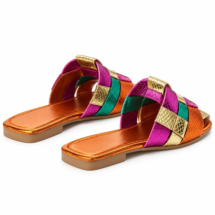 Multicolor metallic woven-strap slides, rear view of the open heel on a white studio background