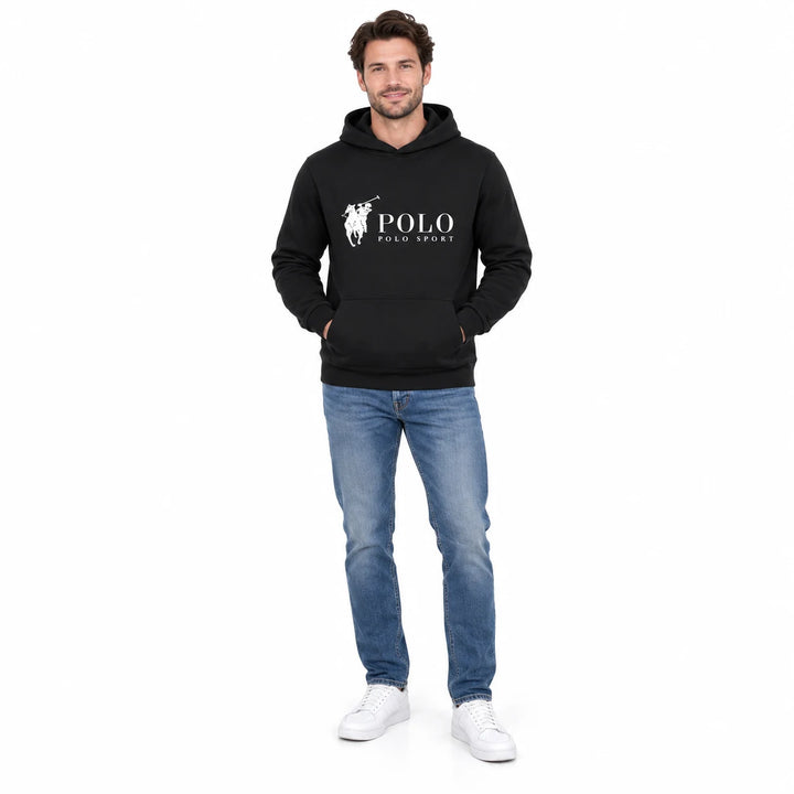 Full-length male model wearing a Black graphic hoodie with a front pouch on a white studio background