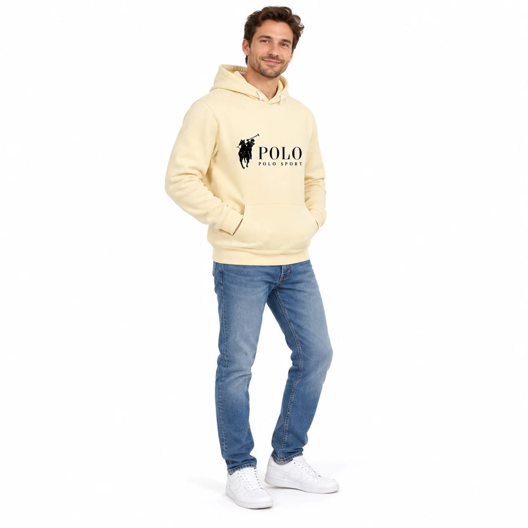 Cream chest-print pullover worn by an adult model, three-quarter view on a white background