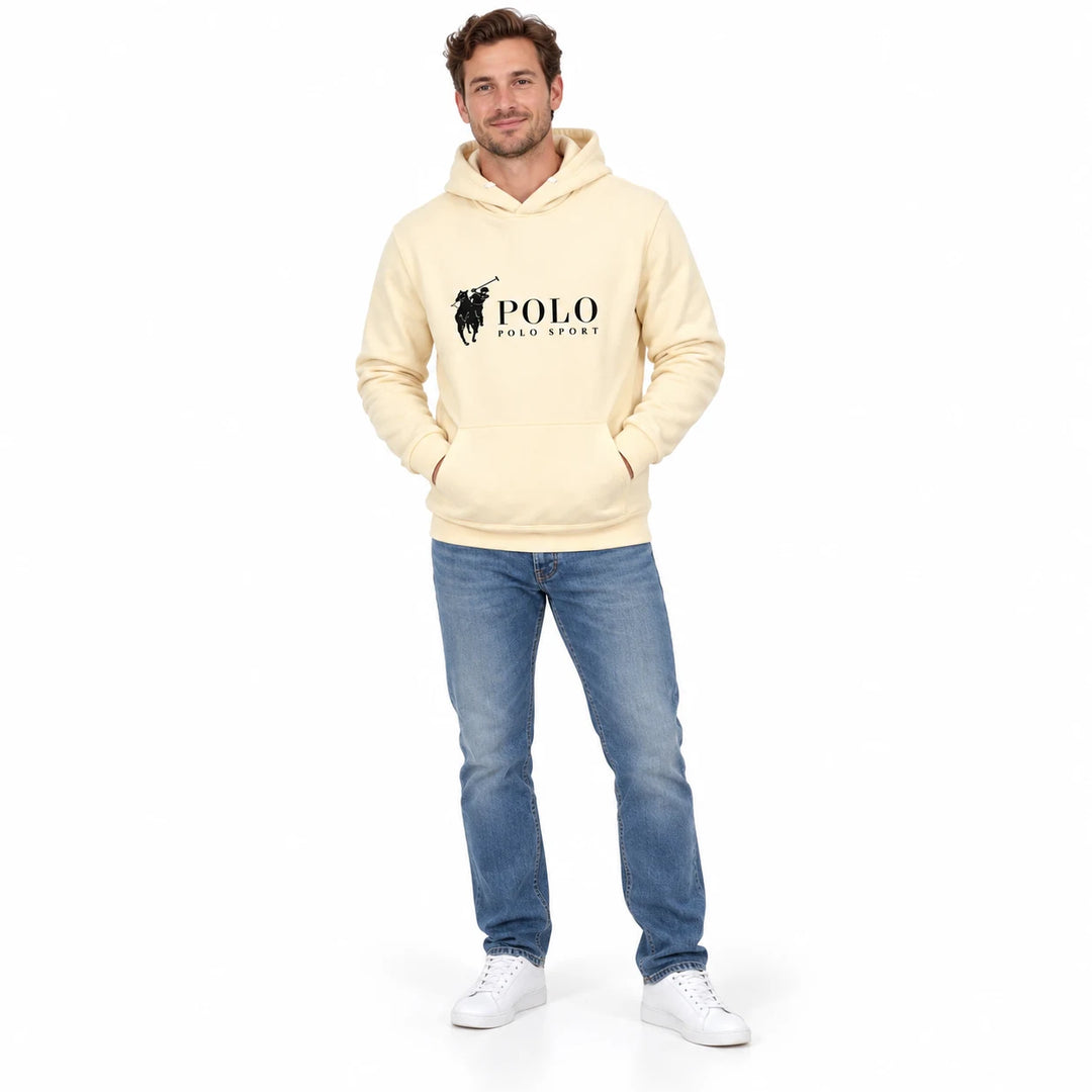 Cream chest-print pullover worn by an adult model, relaxed full-length view on a white background