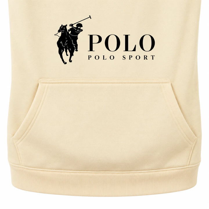 Close-up of the cream front pouch, seams and ribbed lower hem