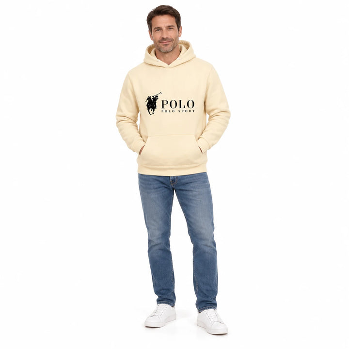 Cream chest-print pullover worn by an adult model, second-model full-length view on a white background