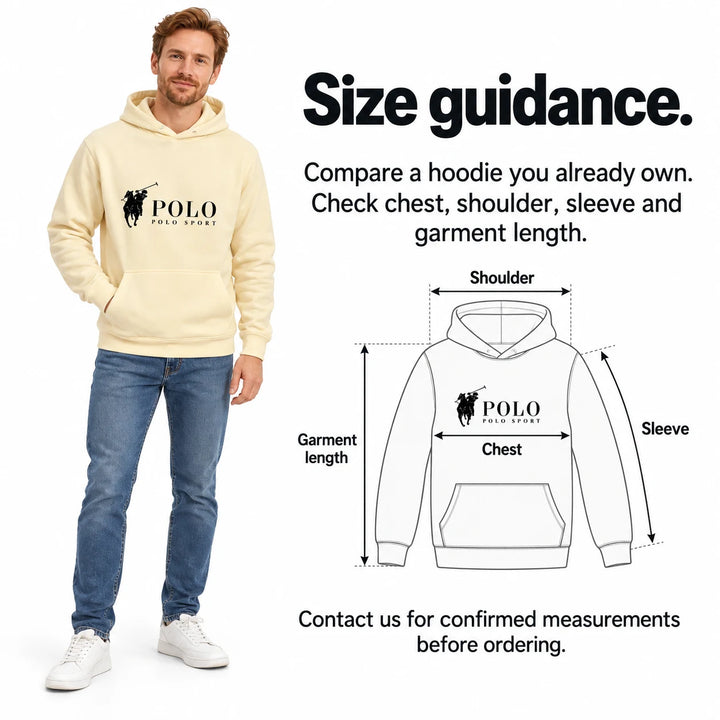English size guidance beside a full-length adult model wearing the cream chest-print pullover