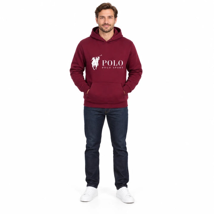 Full-length male model wearing a Burgundy graphic hoodie with a front pouch on a white studio background