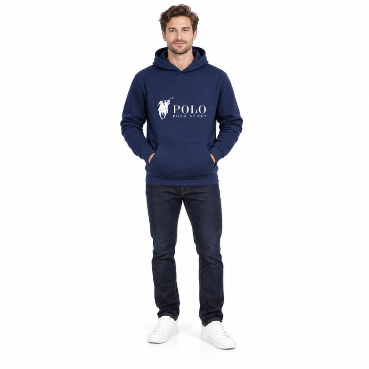 Full-length male model wearing a Navy graphic hoodie with a front pouch on a white studio background