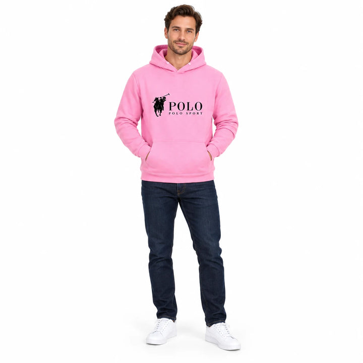 Full-length male model wearing a Pink graphic hoodie with a front pouch on a white studio background