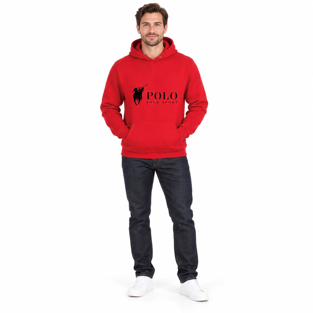 Full-length male model wearing a Red graphic hoodie with a front pouch on a white studio background