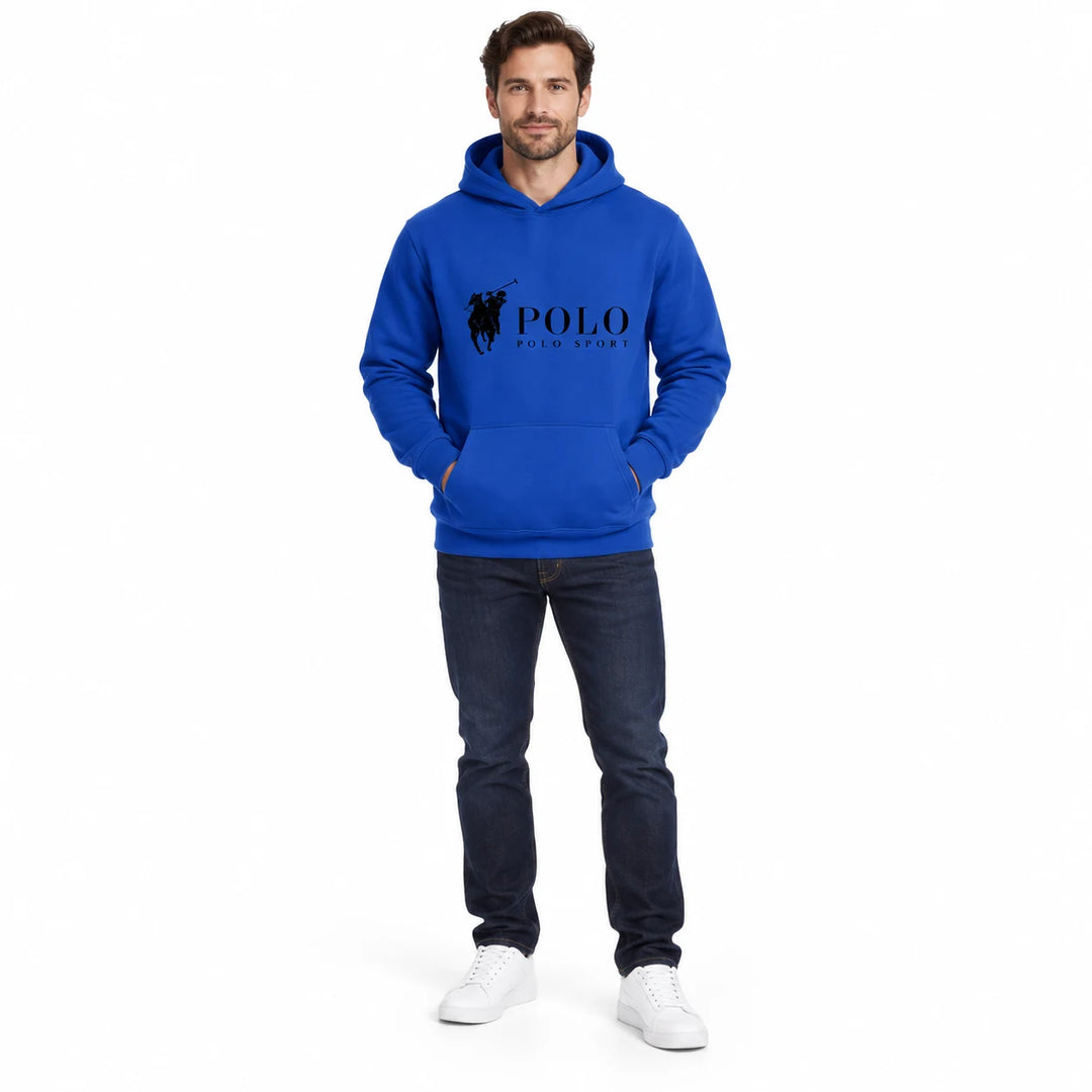 Full-length male model wearing a Royal Blue graphic hoodie with a front pouch on a white studio background
