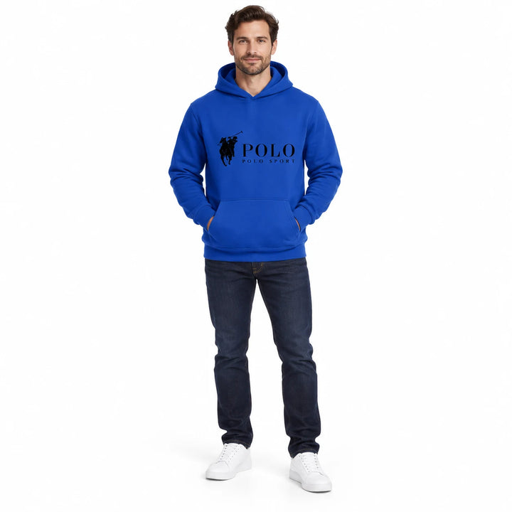 Full-length male model wearing a Royal Blue graphic hoodie with a front pouch on a white studio background