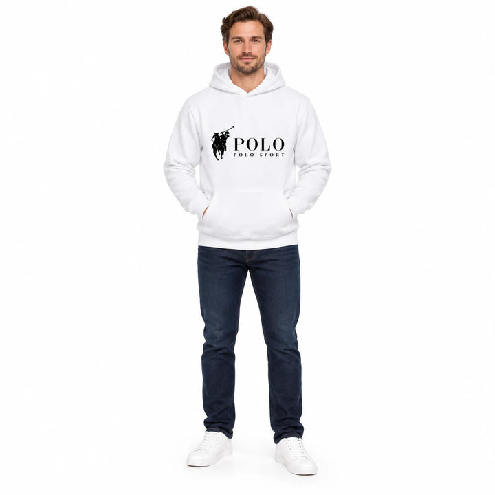 Full-length male model wearing a White graphic hoodie with a front pouch on a white studio background